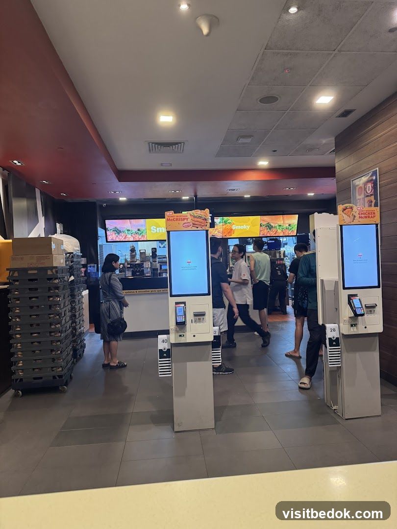 Self-order kiosks in a fast-food restaurant