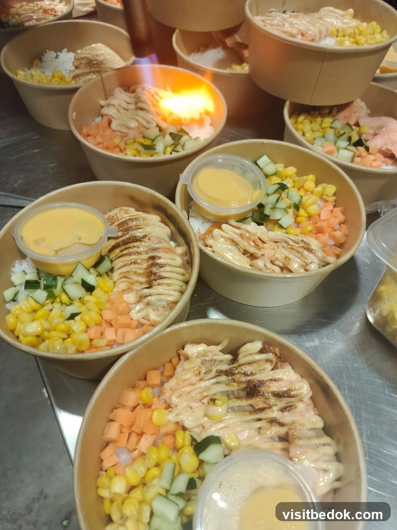 Salmon Poke Bowls Being Prepared