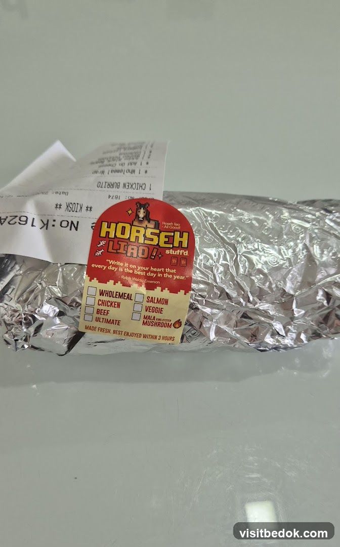 Burrito with sticker and receipt