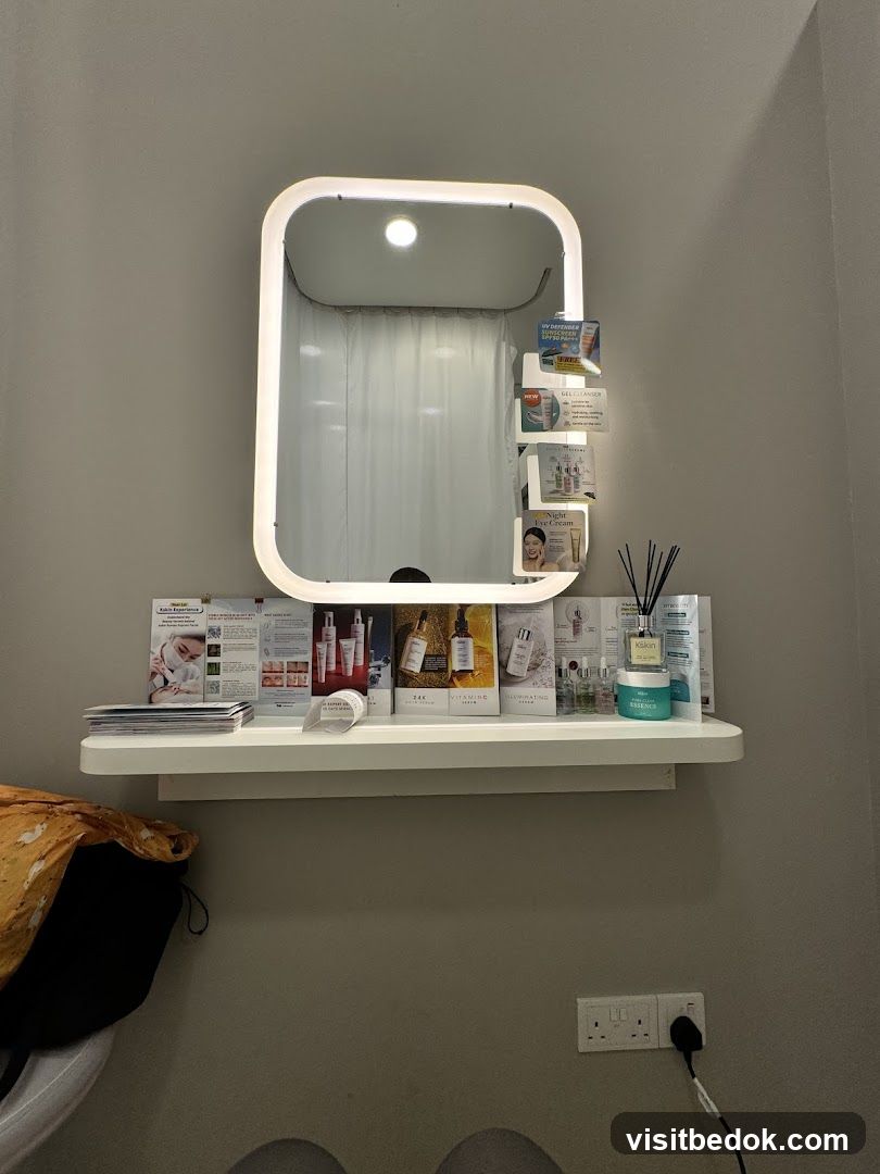 Beauty counter with mirror and products