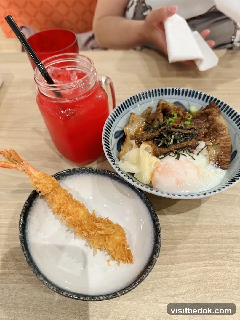 Japanese Rice Bowl with Tempura Shrimp and Drink