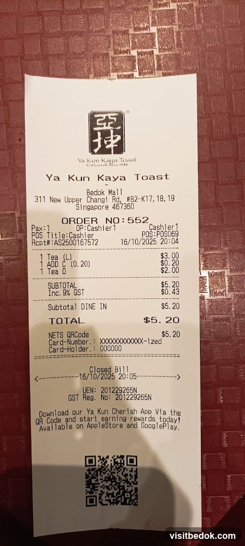 Receipt from Ya Kun Kaya Toast