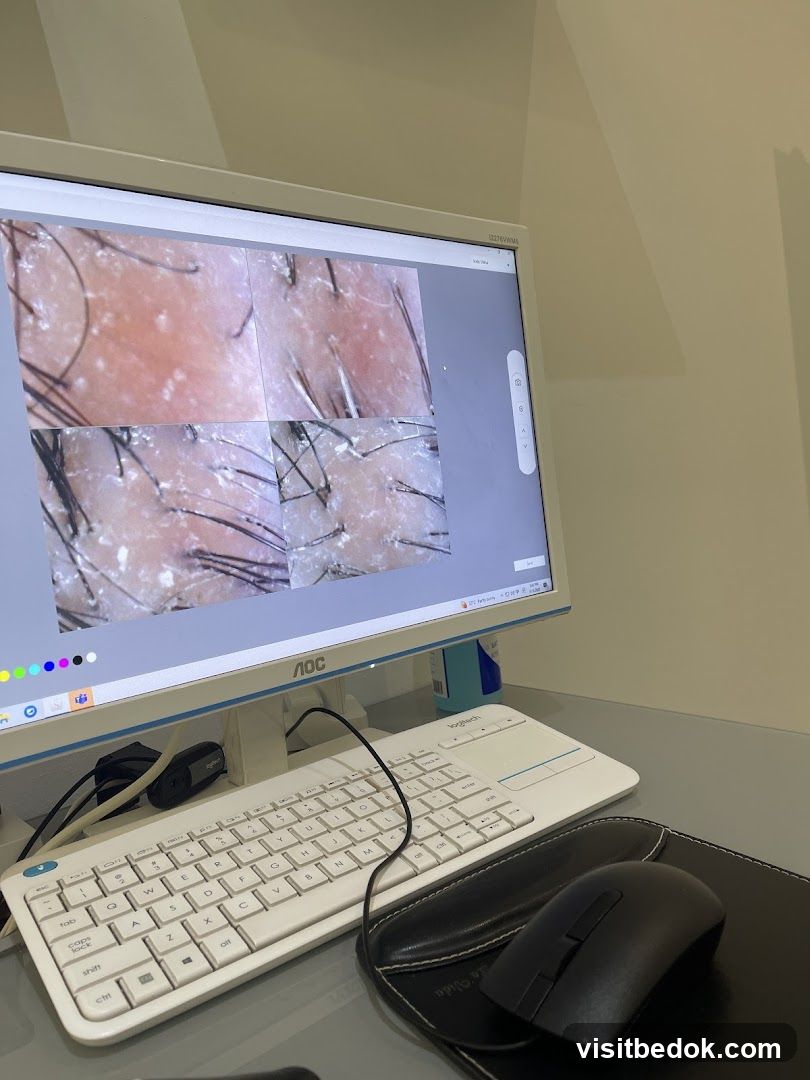 Computer displaying magnified skin and hair follicles