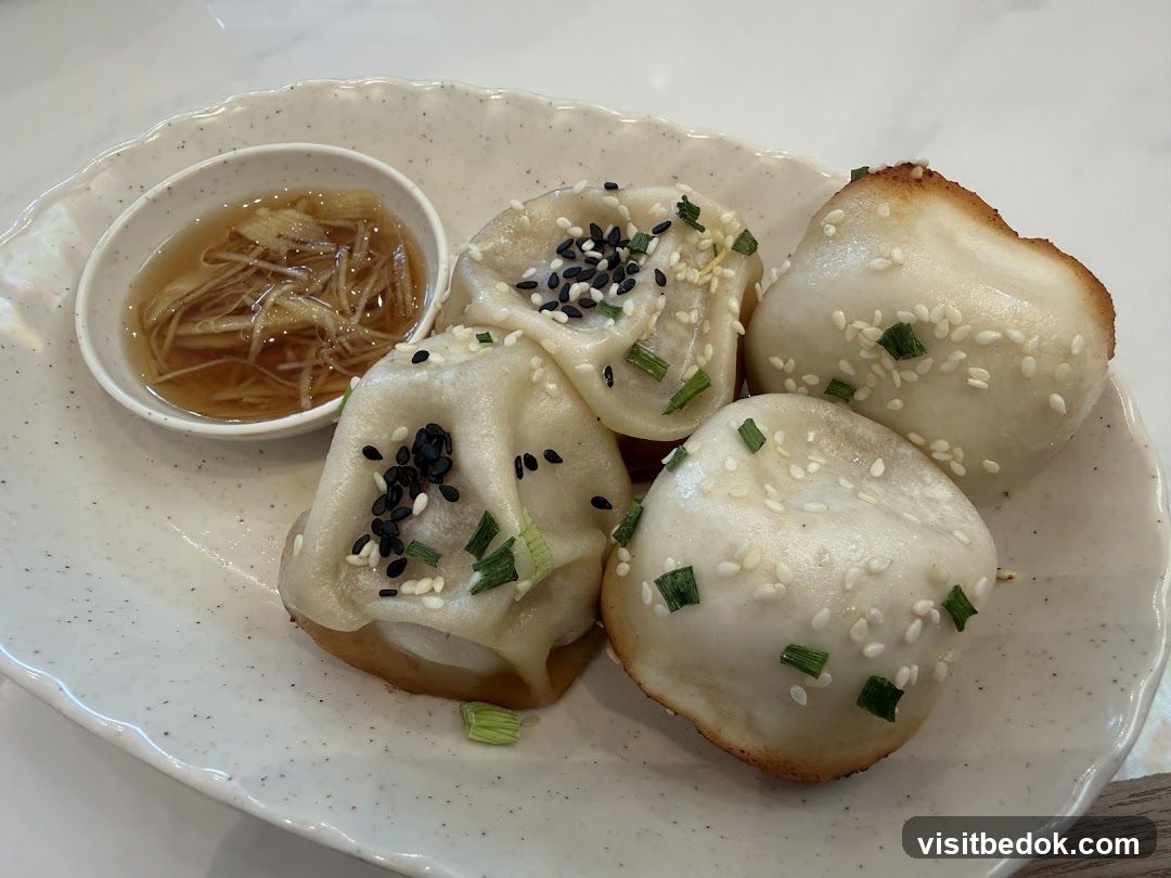 Pan-fried dumplings with dipping sauce