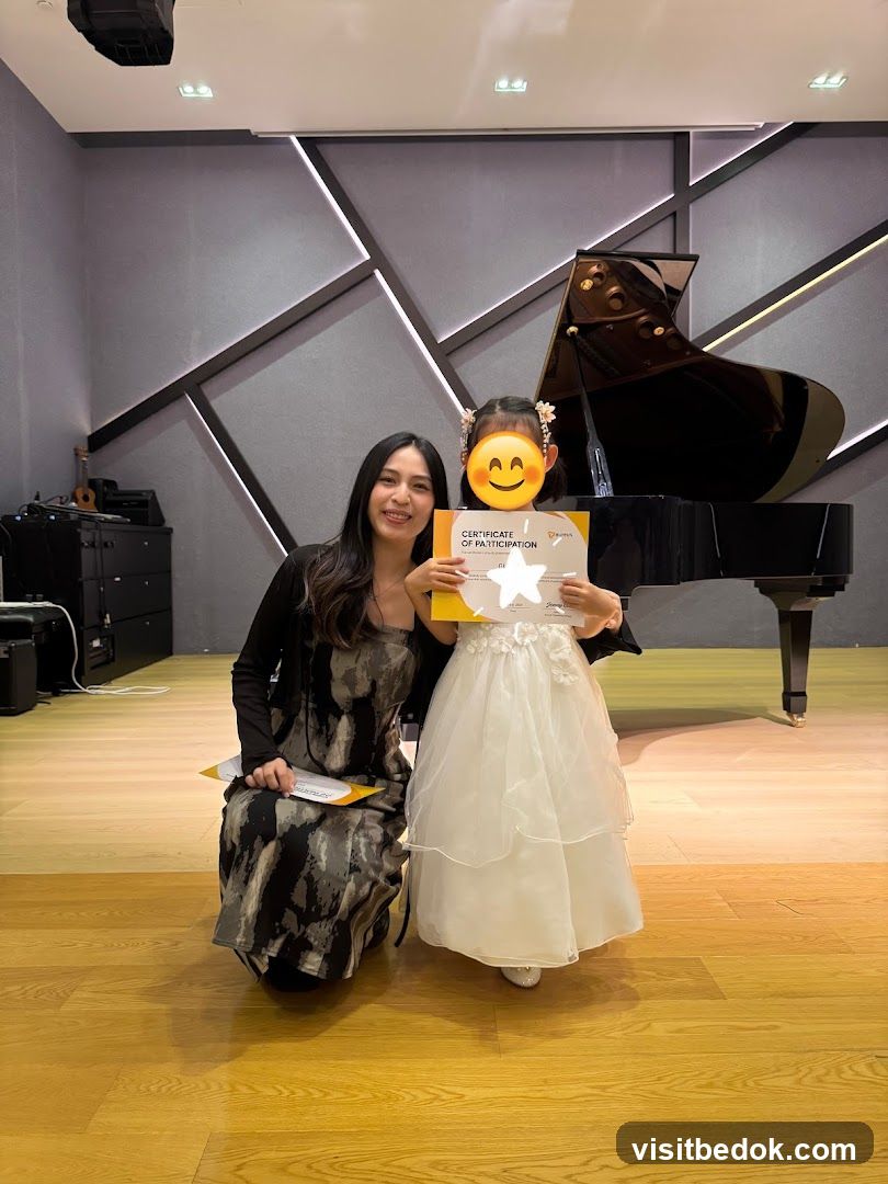 Woman and Child with Certificate at Piano Recital