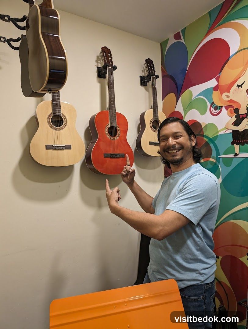 Man pointing at guitars