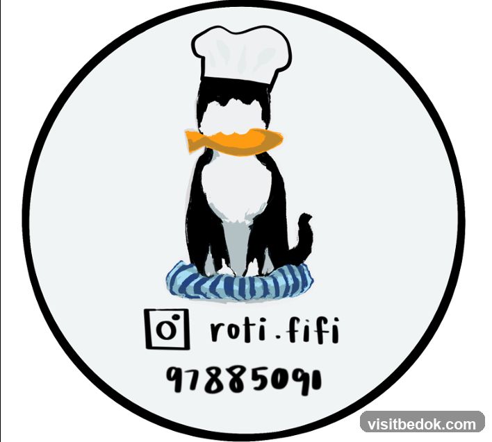 Logo with a dog wearing a chef hat and holding a fish