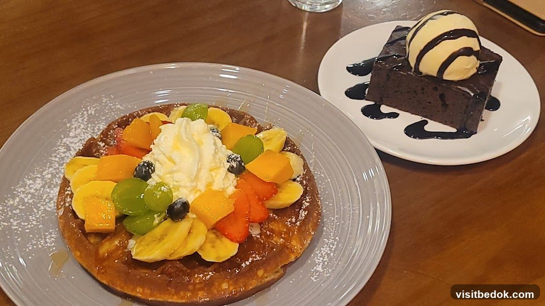 Waffle with Fruit and Brownie with Ice Cream