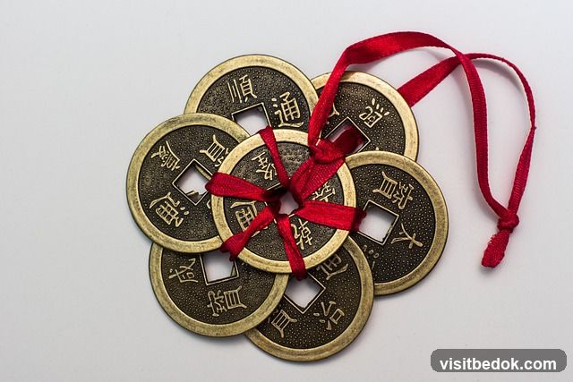 Chinese Coins Tied with Red Ribbon