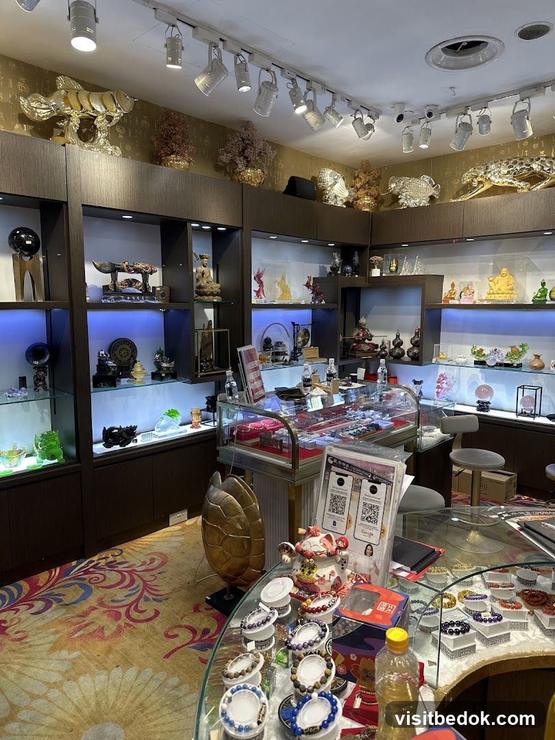 Interior of a shop with display shelves and glass cases