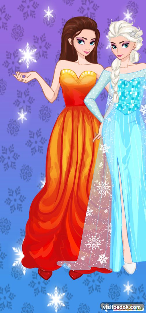 Two cartoon women in dresses