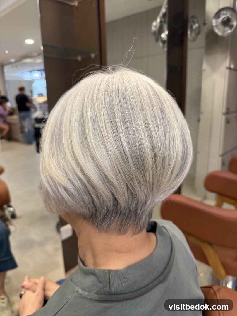 Woman with a short, layered, silver-grey haircut