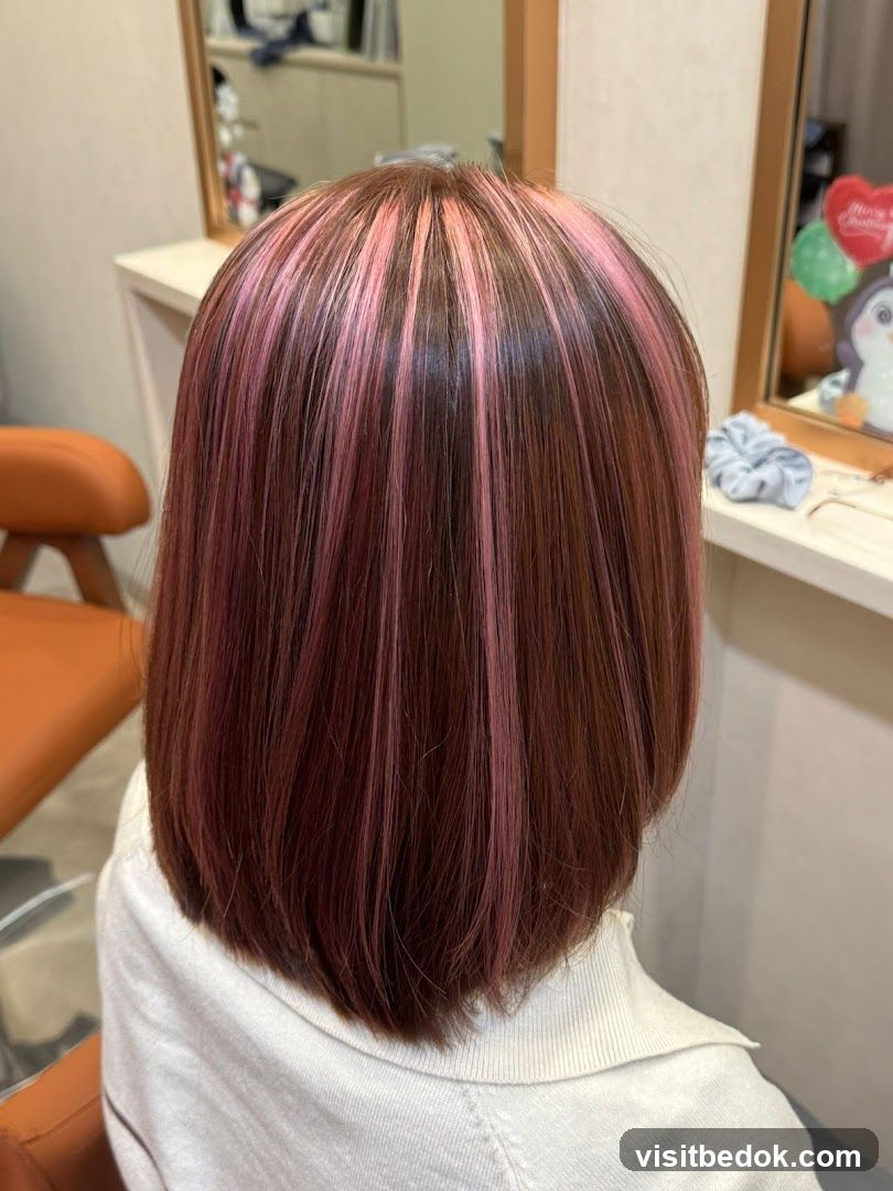 Woman with brown hair with pink highlights