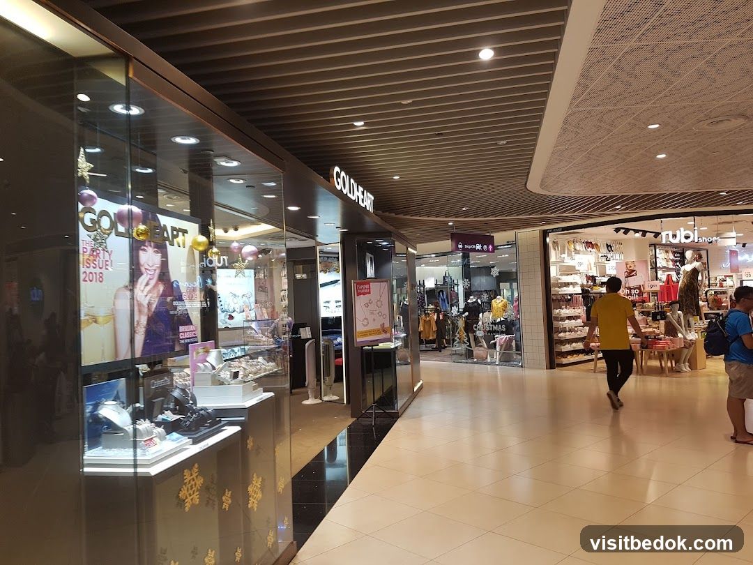Shopping mall interior with various stores