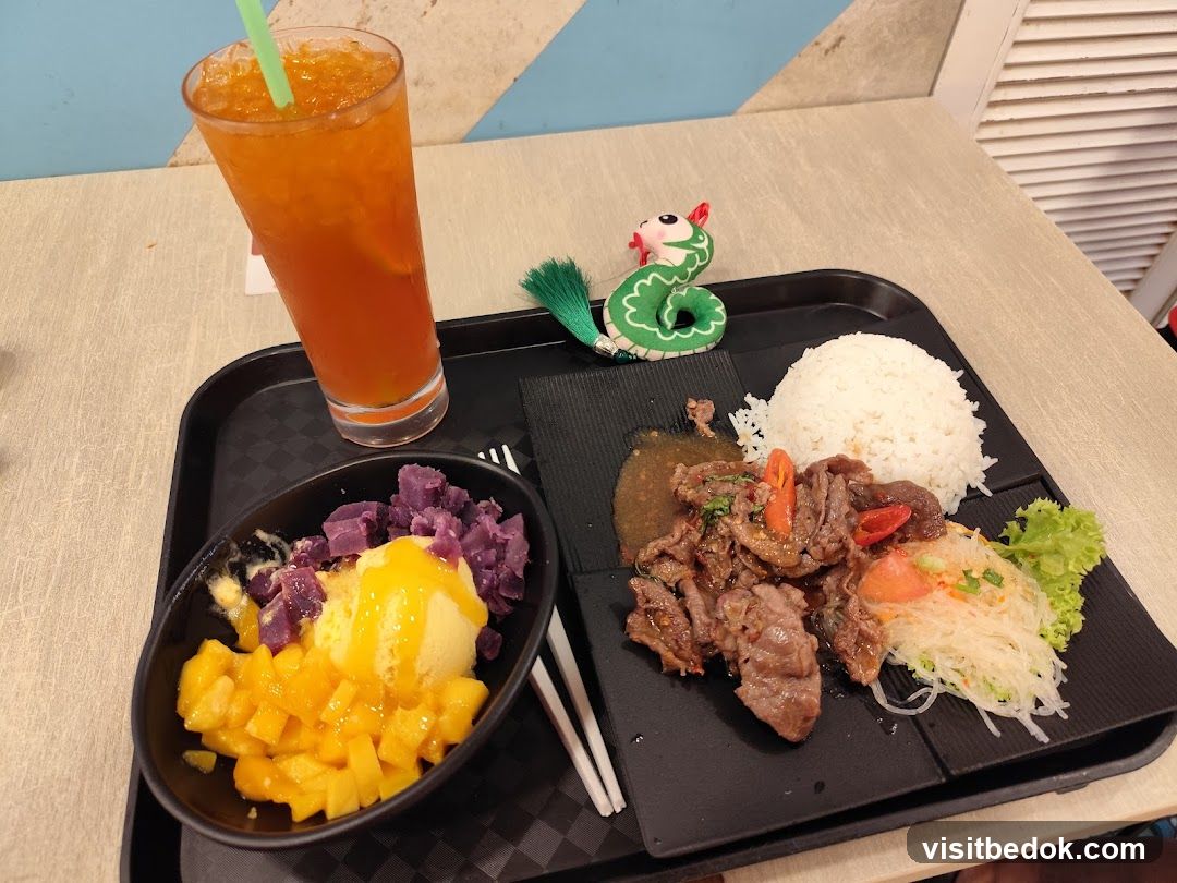 Beef and Rice Meal with Dessert and Drink