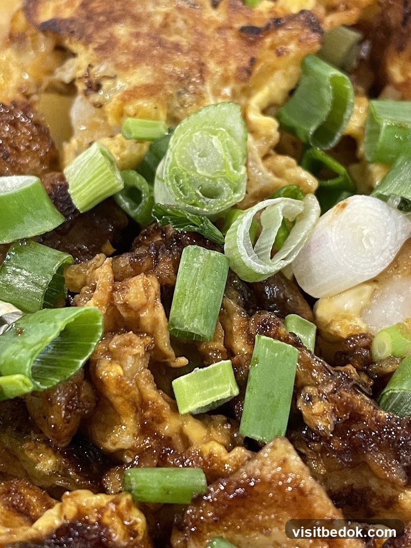 Close-up of a dish with scrambled eggs and green onions