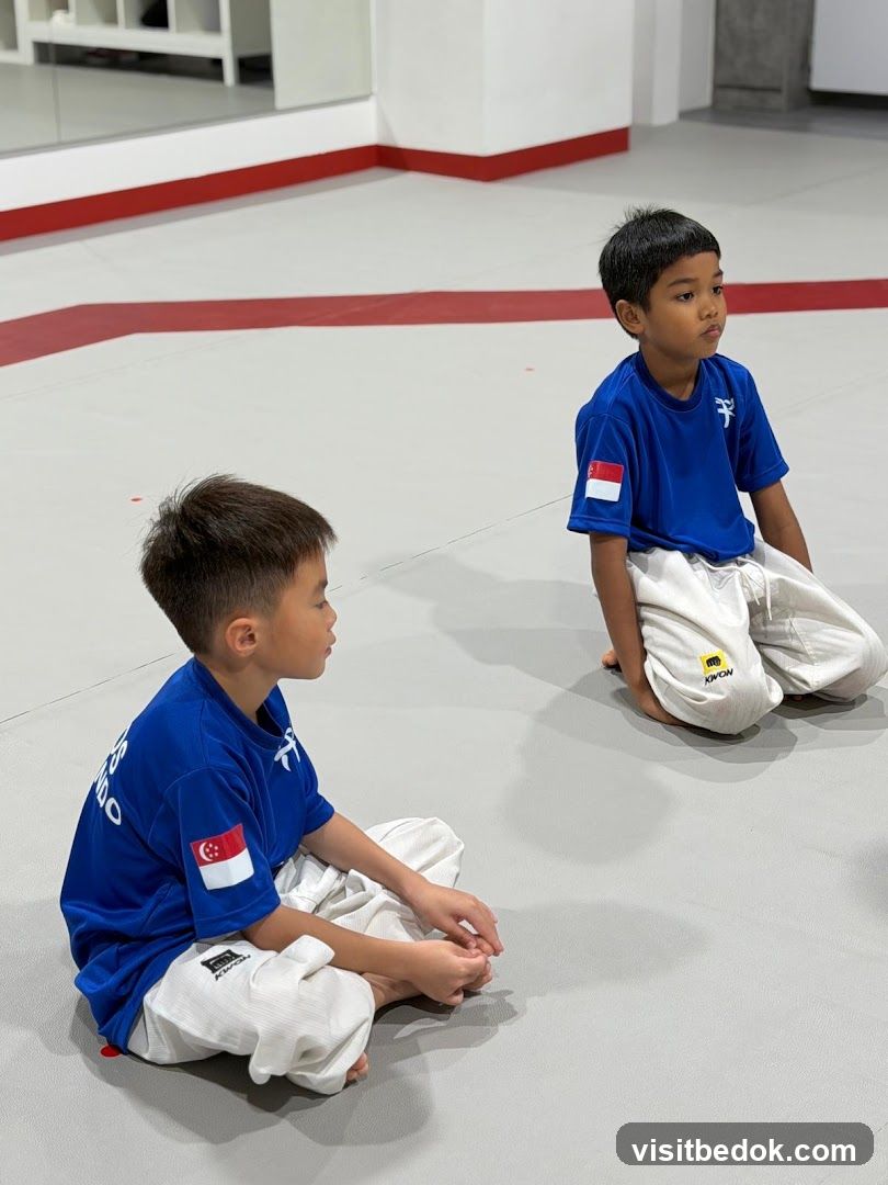 Two boys in martial arts uniforms sitting on a mat