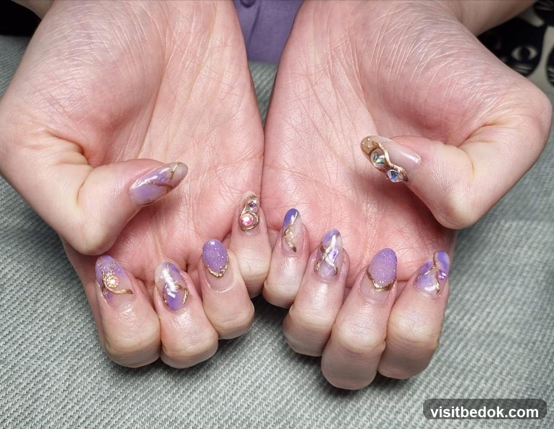 Purple and Gold Decorated Nails