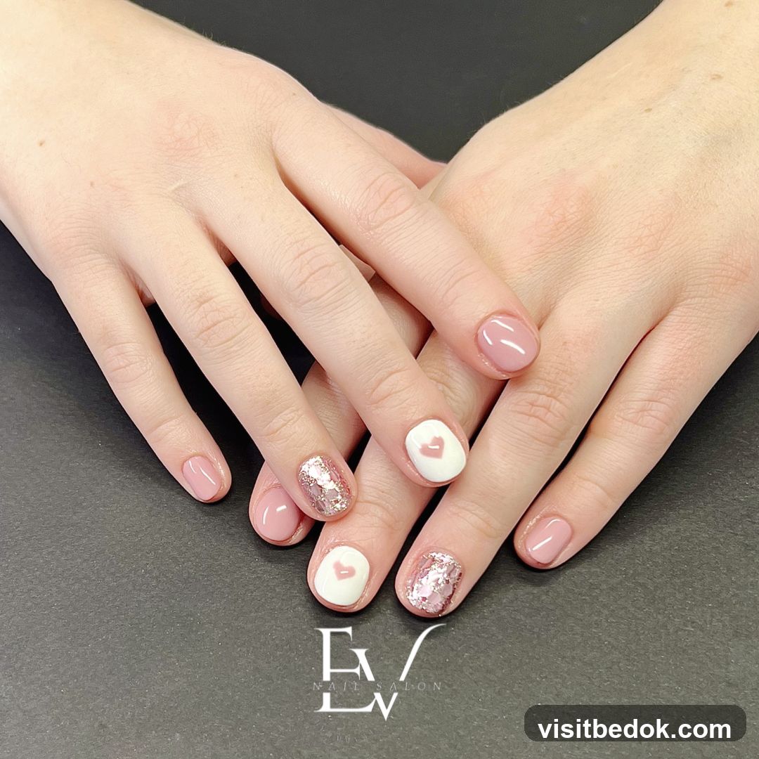 Nail Art with Hearts and Glitter