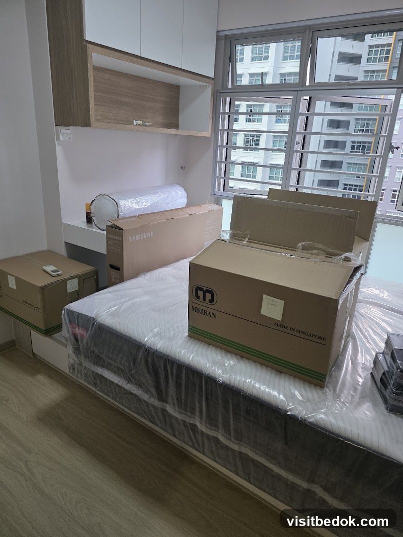 Bedroom with New Mattress and Boxes