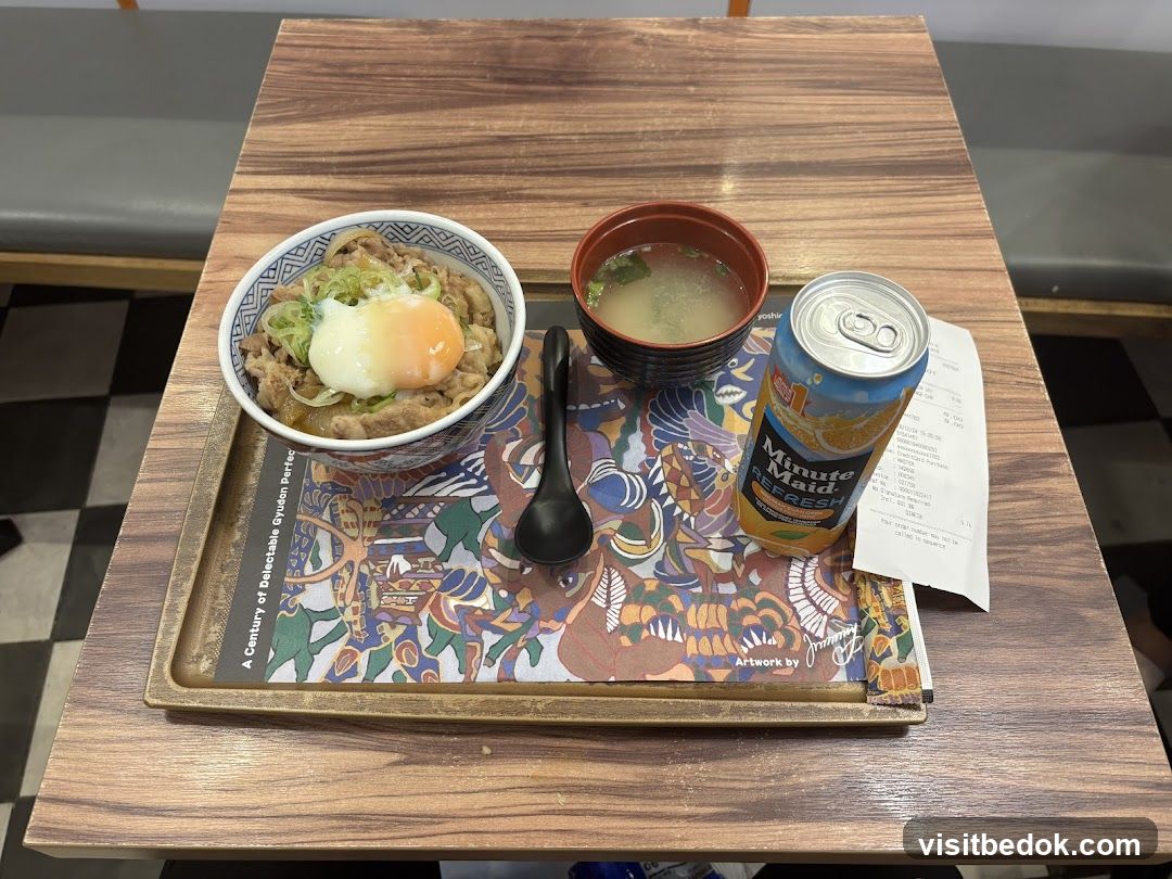 Beef bowl with egg and miso soup