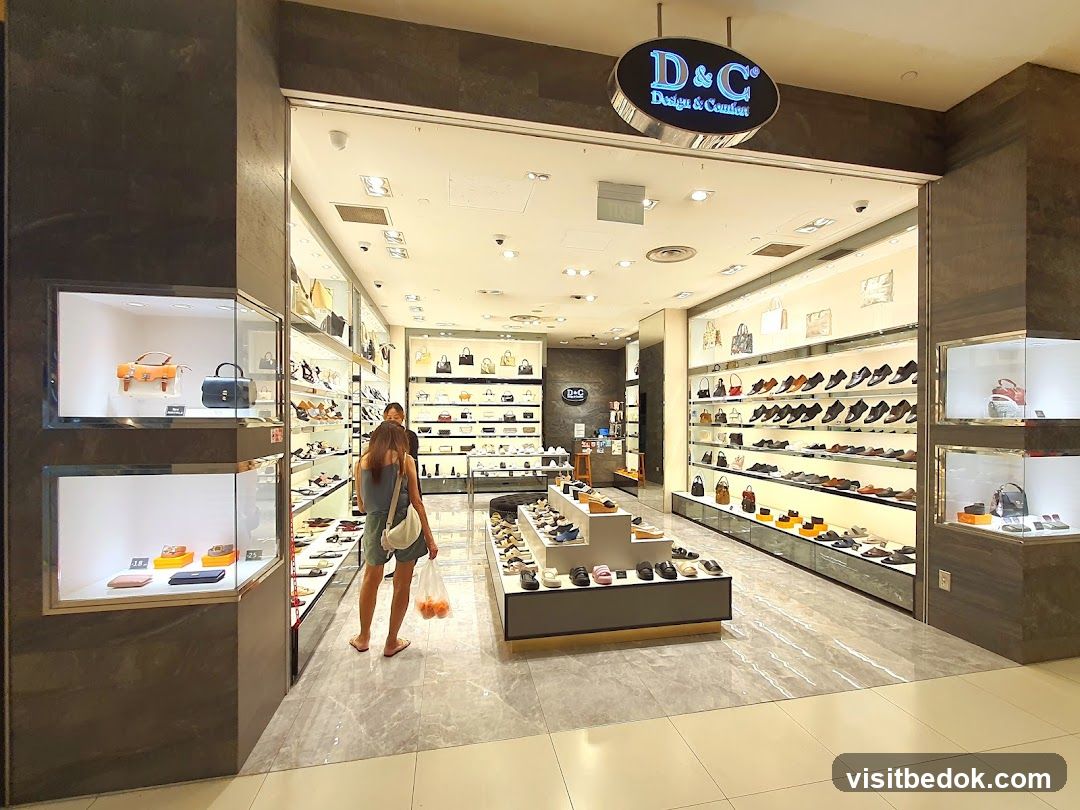 The exterior of a shoe and handbag store. The store has a wide entrance with displays of shoes and bags visible inside. A sign above the entrance reads "D&C Design & Comfort". There are display cases on the left and right sides of the entrance showcasing handbags and accessories. Inside, shelves are filled with rows of shoes and handbags. Two women are browsing inside the store.
