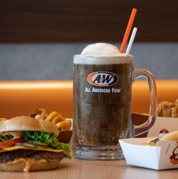 A&W Root Beer Float in a frosted mug with burger and curly fries