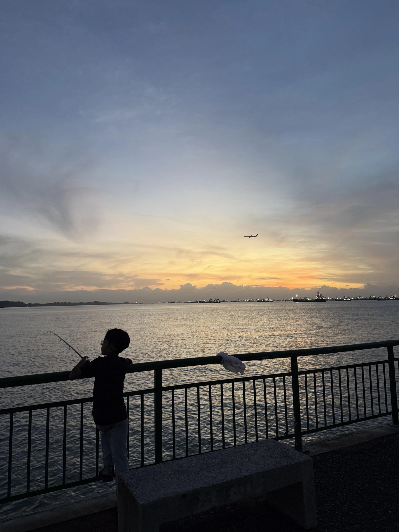 Child fishing from the green rail at Bedok Jetty at sunrise, with ships on the horizon